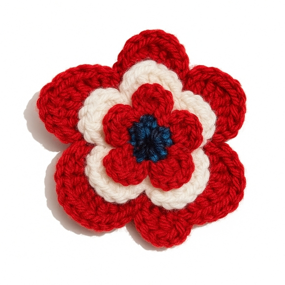 Handcrafted Red and White Floral Hair Clip Crochet Knit Patriotic Hair Accesory - Picture 3 of 17